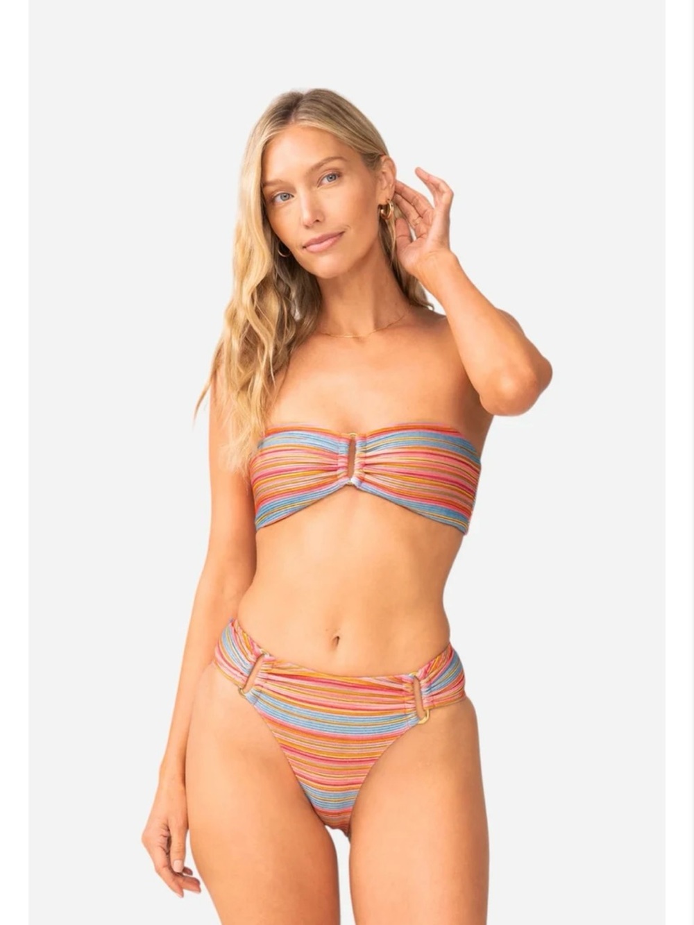 NWT PQ Swim Balboa Multicolor Striped Bandeau Bikini Top and Fanned Bottom